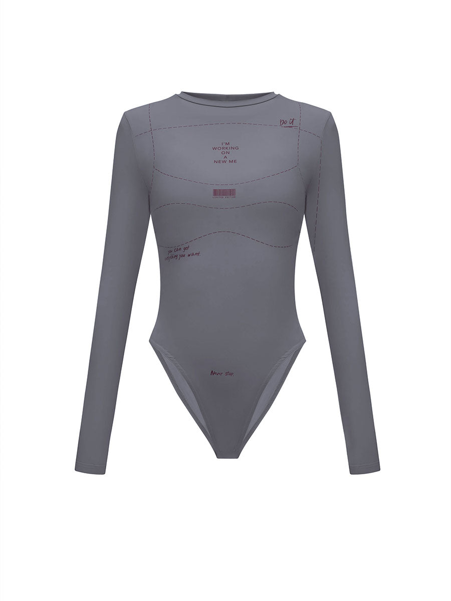 Langarmbody mit Print in Grau