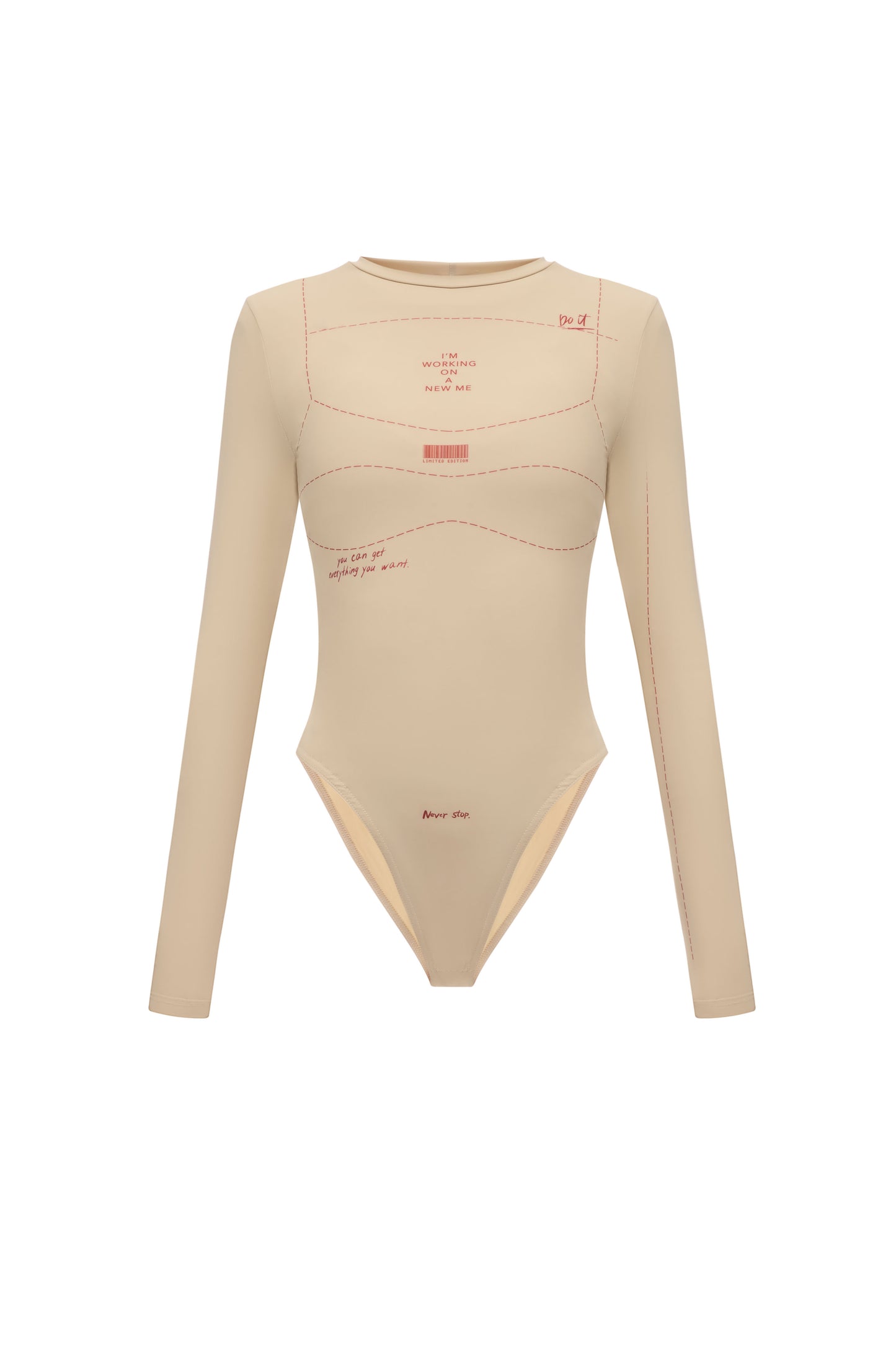 Langarmbody mit Print in Beige
