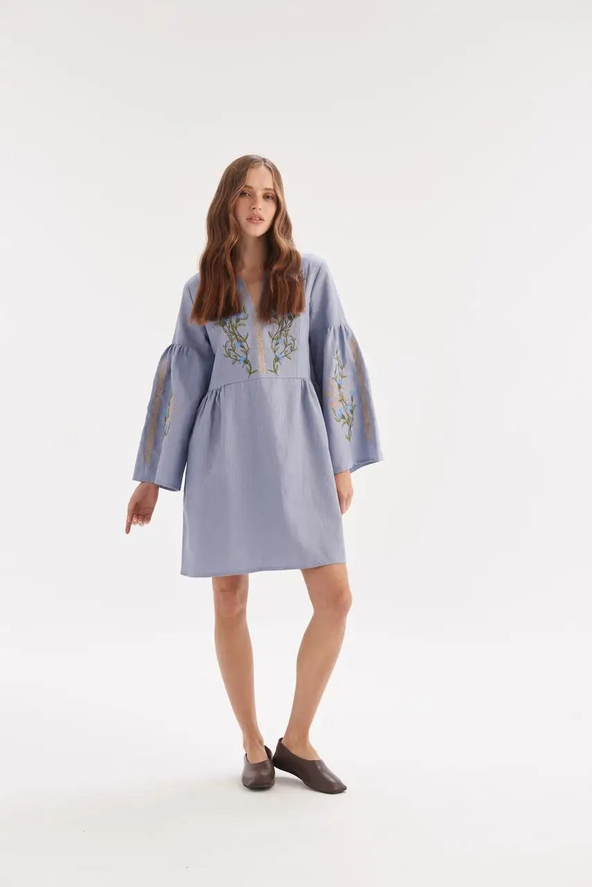 Kleid mit Stickerei in Blau